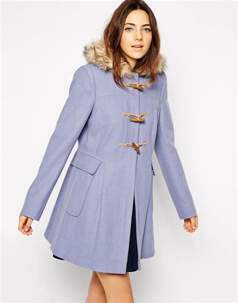 Lyst - Asos Faux Fur Hooded Duffle Coat in Blue