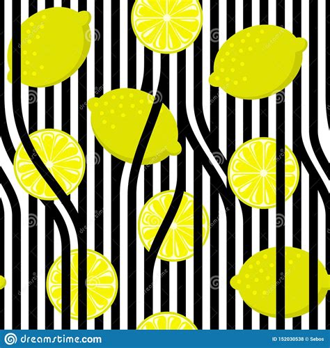 Seamless Lemon On Black And White Stripes. Vintage Fruits Background Vector Illustration ...