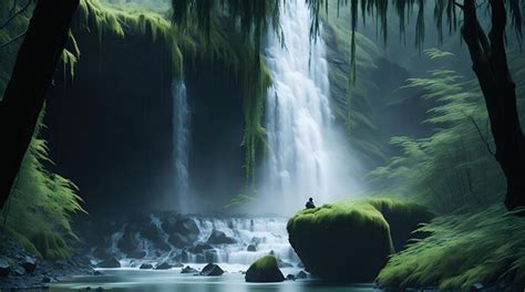 Premium AI Image | the beautiful green forest with a waterfall