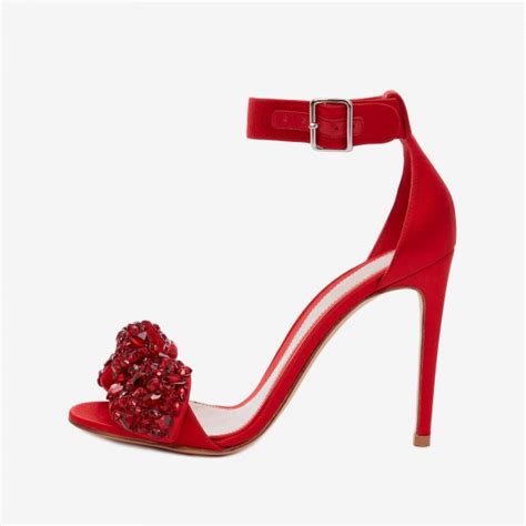 Red Rhinestone Bow Stiletto Heels Ankle Strap Sandals Fancy Stylish Prom Shoes For Ladies ...