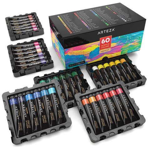 ARTEZA Acrylic Paint, Set of 60 Colors/Tubes (22 ml, 0.74 oz.) with Storage Box, | eBay