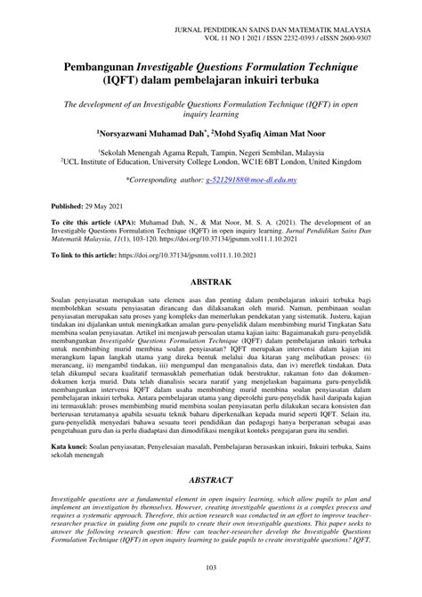 (PDF) Pembangunan Investigable Questions Formulation Technique (IQFT) dalam pembelajaran inkuiri ...