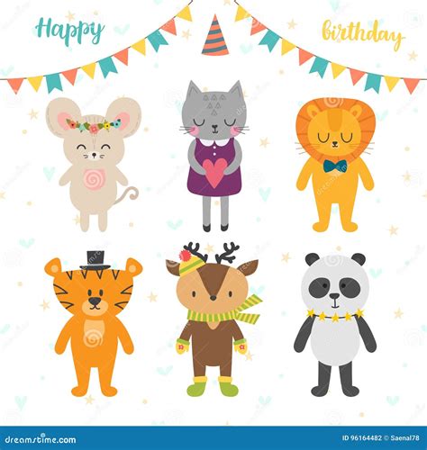 Happy Birthday Card with Cute Cartoon Animals. Stock Vector - Illustration of bear, child: 96164482