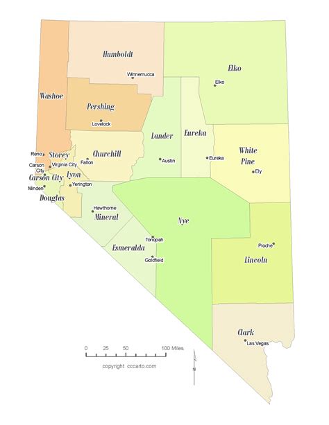 State of Nevada County Map with the County Seats - CCCarto