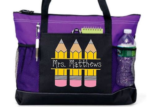 Pencil teacher tote, personalized teacher bag, zippered book bag | Teacher bags, Teacher tote ...