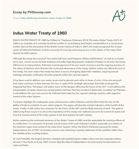 Indus Water Treaty of 1960 - PHDessay.com