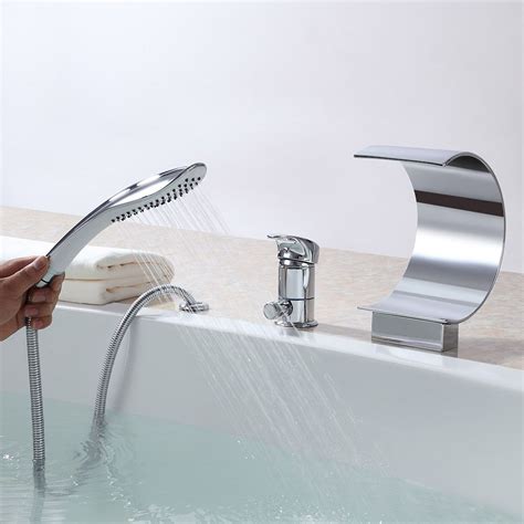 Mooni Waterfall Roman Tub Filler with Hand Shower Solid Brass in Polished Chrome