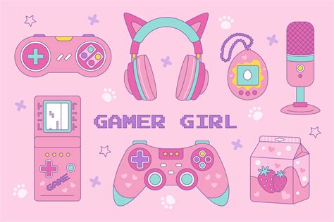 Gamer girl set of kawaii style elements. Vintage pink 90s Games. Vector ...