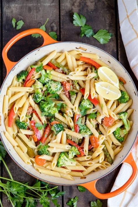 Penne Pasta Primavera with Fresh Vegetables, Lemon and Parmesan