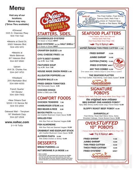 New Orleans Hamburger & Seafood Co. menu in Metairie, Louisiana, USA