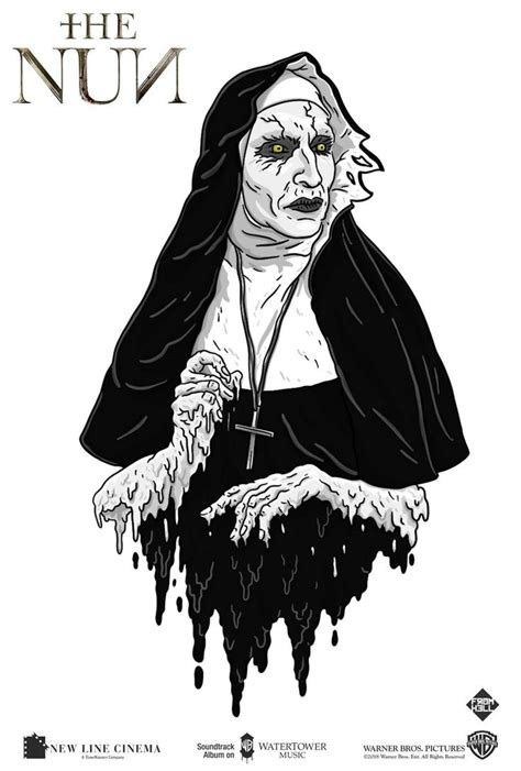 the nun is depicted in this black and white poster, with dripping paint on it