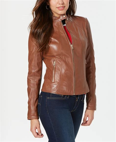 GUESS Leather Jacket with Snap Collar & Reviews - Coats - Women - Macy's