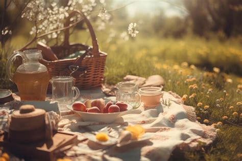 Premium AI Image | Picnic in a field with flowers and a basket of eggs