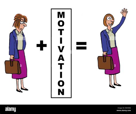 Business cartoon showing the positive impact of 'motivation' on the businesswoman Stock Photo ...