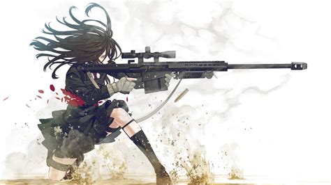 black-haired female anime character holding black assault rifle ...