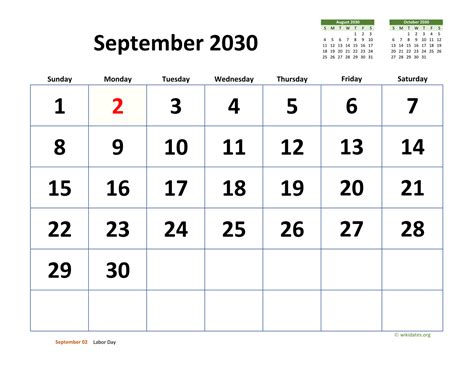 September 2030 Calendar with Extra-large Dates | WikiDates.org