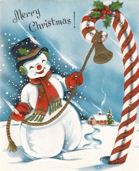 Vintage Christmas card snowman and candy cane digital download | Etsy