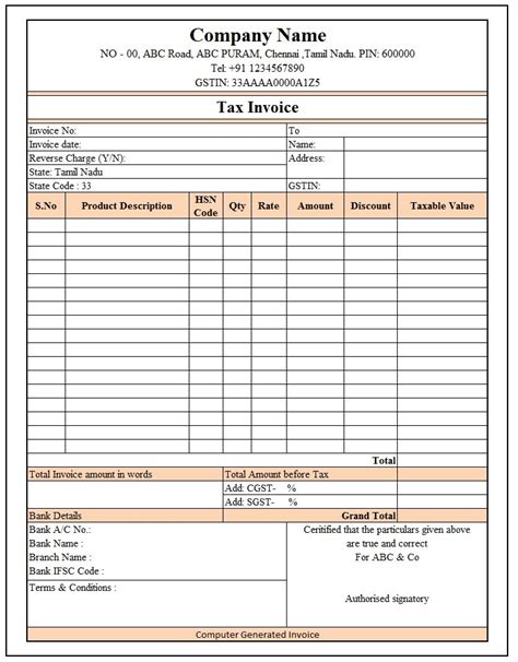 GST Invoice Format in Excel, Word, PDF and JPEG (Format No. 7)