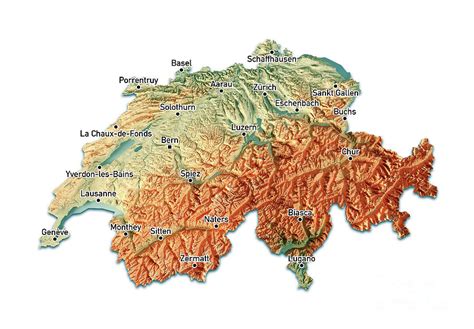 Switzerland 3D Render Topographic Map On White Cities Digital Art by ...