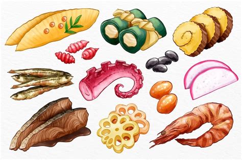 Free Vector | Watercolor osechi ryori ingredients