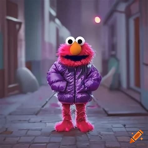 Elmo in a puffer jacket holding a purple soda at night on Craiyon