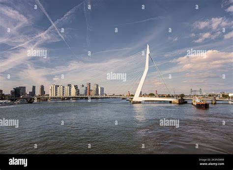 Rotterdam, Netherlands - July 11, 2022: Erasmusbrug, bridge. Landscape under blue sky with white ...