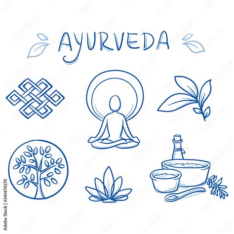 Set of ayurveda symbols of yoga, herbs and plants. Hand drawn line art cartoon vector ...