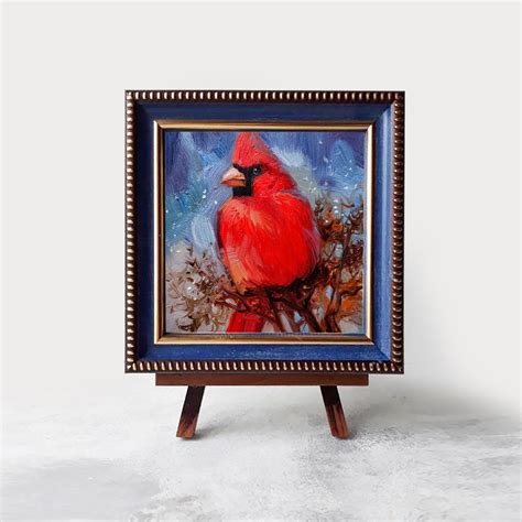 Cardinal Red Bird Oil Painting Original 4x4 Framed Artwork, Mothers Day ...