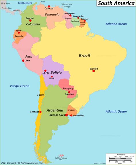 Map of South America with countries and capitals - Ontheworldmap.com