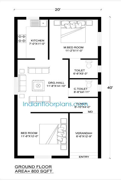 20 X 40 House Plan| 20x40 house plans with 2 bedrooms - Indian Floor Plans