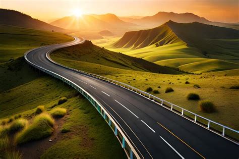 Premium AI Image | A road with a sunset in the background