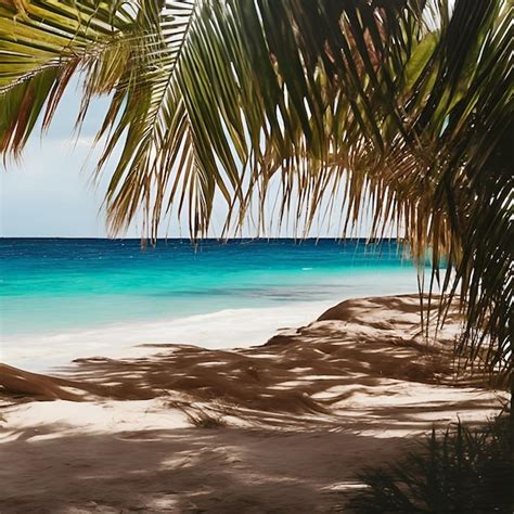 Premium AI Image | A beach with a blue water and palm trees