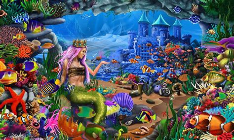 Mermaid in Her Kingdom, colorful, enchanting, fish, Mermaids, ocean, castle, HD wallpaper | Peakpx