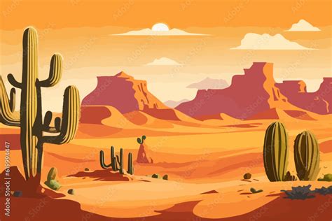 Cartoon desert landscape with cactus, hills, sun and mountains silhouettes, vector nature ...