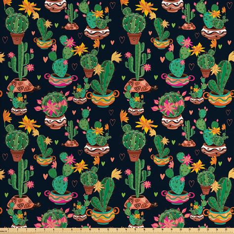 Cactus Print Fabric by the Yard, Colorful Layout of Different Shapes of Cacti with Flowers ...