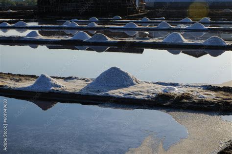 The process of crystallization of sea water into salt in the traditional way in Indonesia. Stock ...