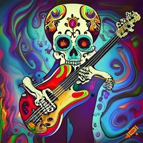 Day of the dead skull playing bass guitar in a salvador dali-inspired scene on Craiyon