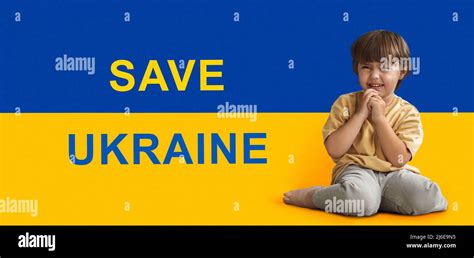 Cute concentrated Ukrainian child praying, keeping eyes closed, collage Stock Photo - Alamy