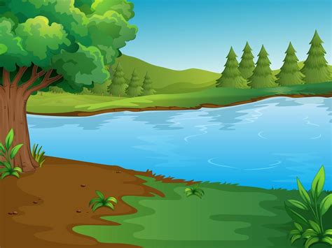 River scene with trees and hills - Download Free Vectors, Clipart Graphics