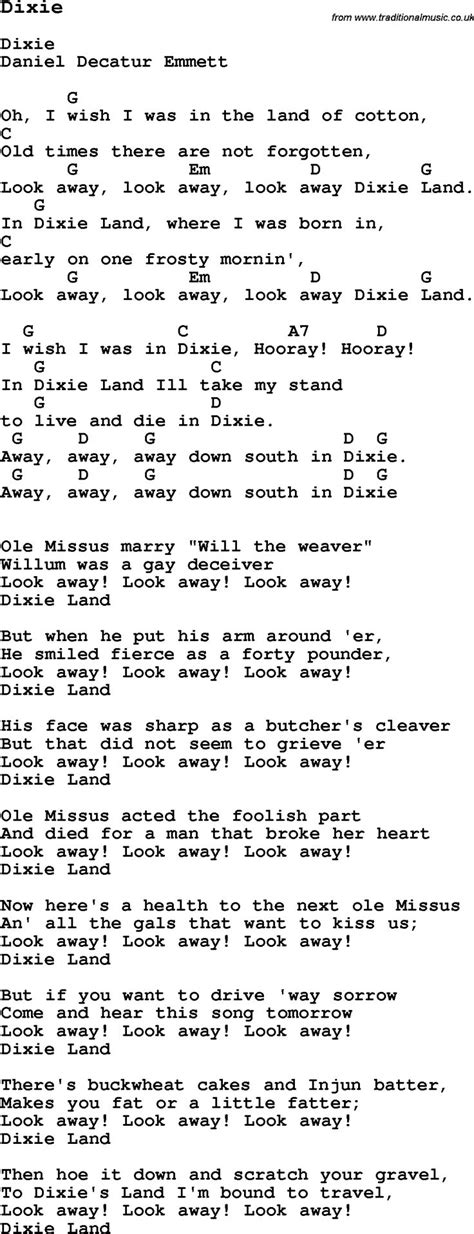 Traditional Song Dixie with Chords, Tabs and Lyrics | Guitar chords for songs, Music chords ...