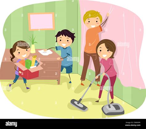 Illustration of a Family Doing Some Spring Cleaning Stock Photo - Alamy