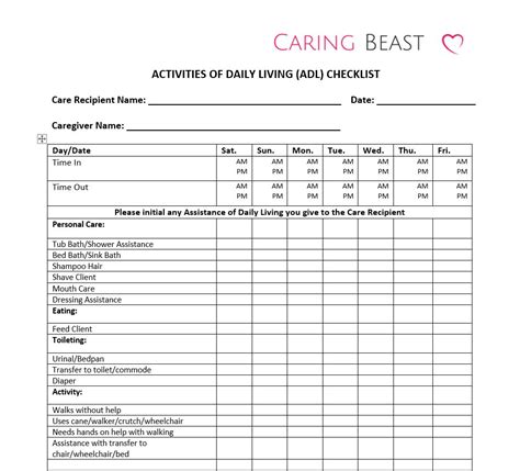 Caregiver ADL Checklist – Free Download - Caring Beast