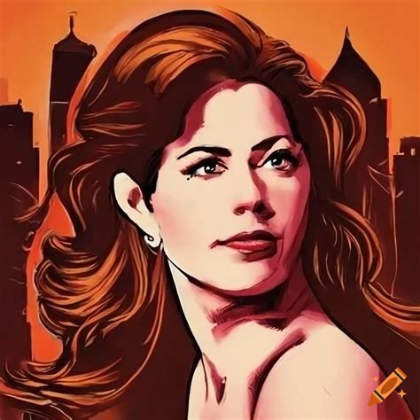 Dana delany as a femme fatale in a city skyline at sunset, frank miller ...