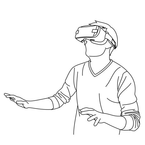 Illustration line drawings of a young man using Virtual Reality glasses ...