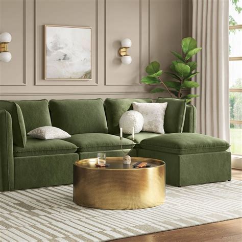 Haven French Seam Modular Sectional Sofa Ottoman Dark Green Velvet ...