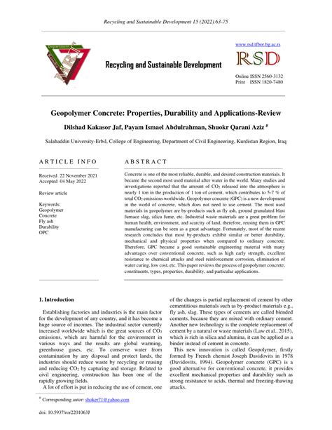 (PDF) Geopolymer Concrete: Properties, Durability and Applications-Review