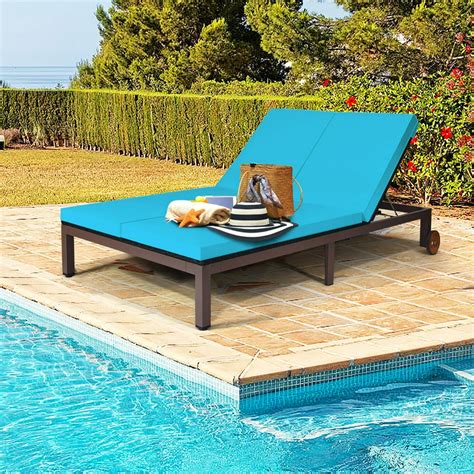 Gymax Adjustable Patio Rattan 2 Person Recliner Lounge Chair w/ Turquoise Cushion Wheel ...