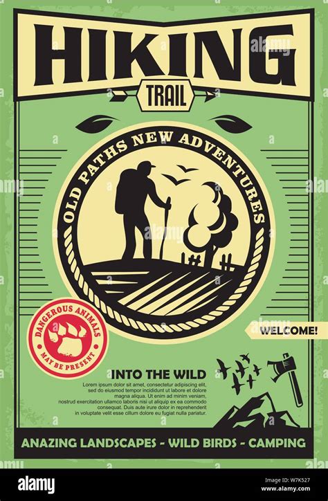 Hiking trail promotional retro poster design. Nature, wilderness and outdoor activities banner ...