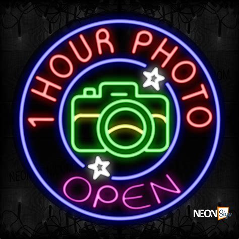 Open 1 Hour Photo With Blue Circle Border Neon Sign Sign - NeonSign.com