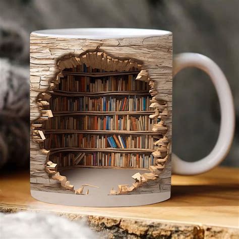 PATLOLAV 3D Bookshelf Mug, Book Lovers Ceramic Coffee Mug, Space Design ...